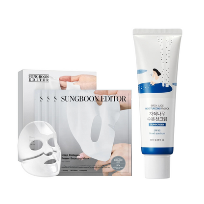 Day & Night Balance Duo | ROUND LAB Birch Juice UV SPF 45 + SUNGBOON EDITOR Deep Collagen Overnight mask